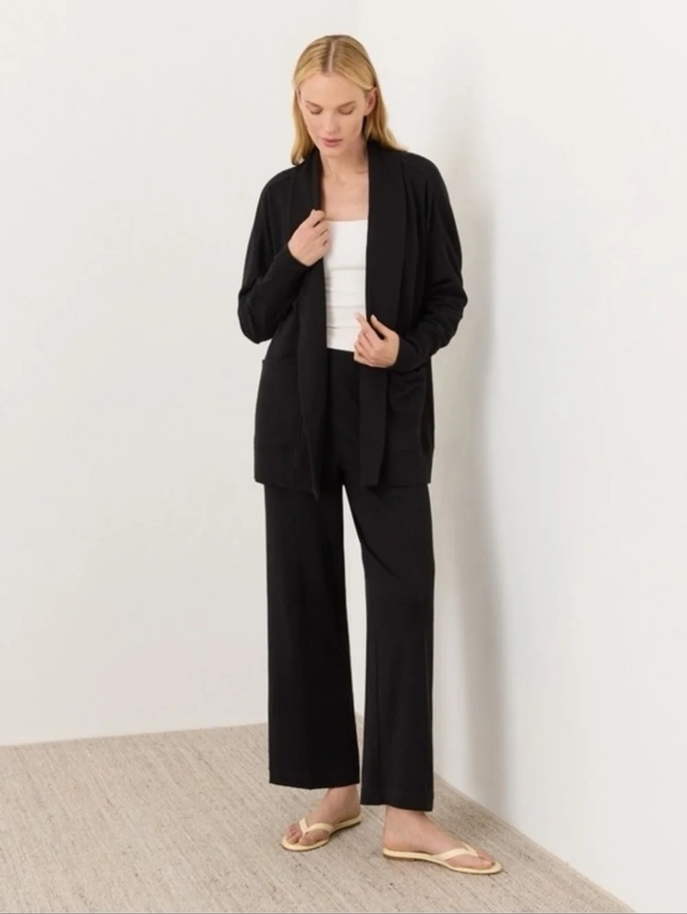 PACT Airplane Cardigan Black 100% Organic Cotton Travel Longline Womens Size M L - Picture 13 of 14